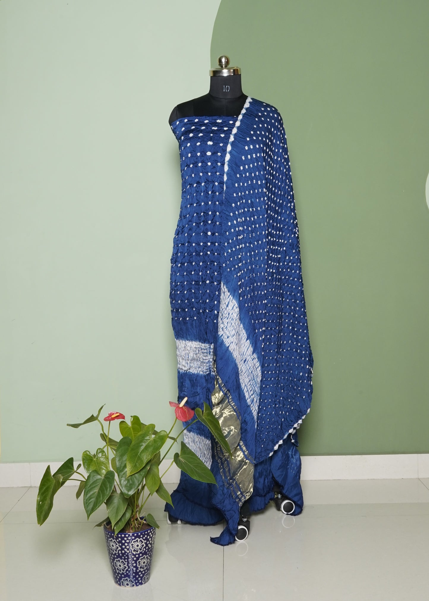 Indigo Blue Bandhini Zari Buti Pure Cotton Silk Handloom Dress Material