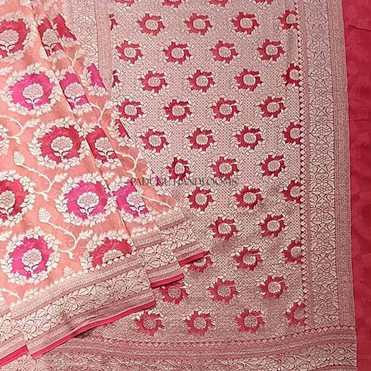 Coral Pink Banaras Pure Silk Handloom Saree