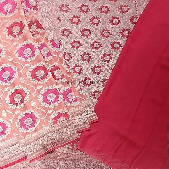 Coral Pink Banaras Pure Silk Handloom Saree