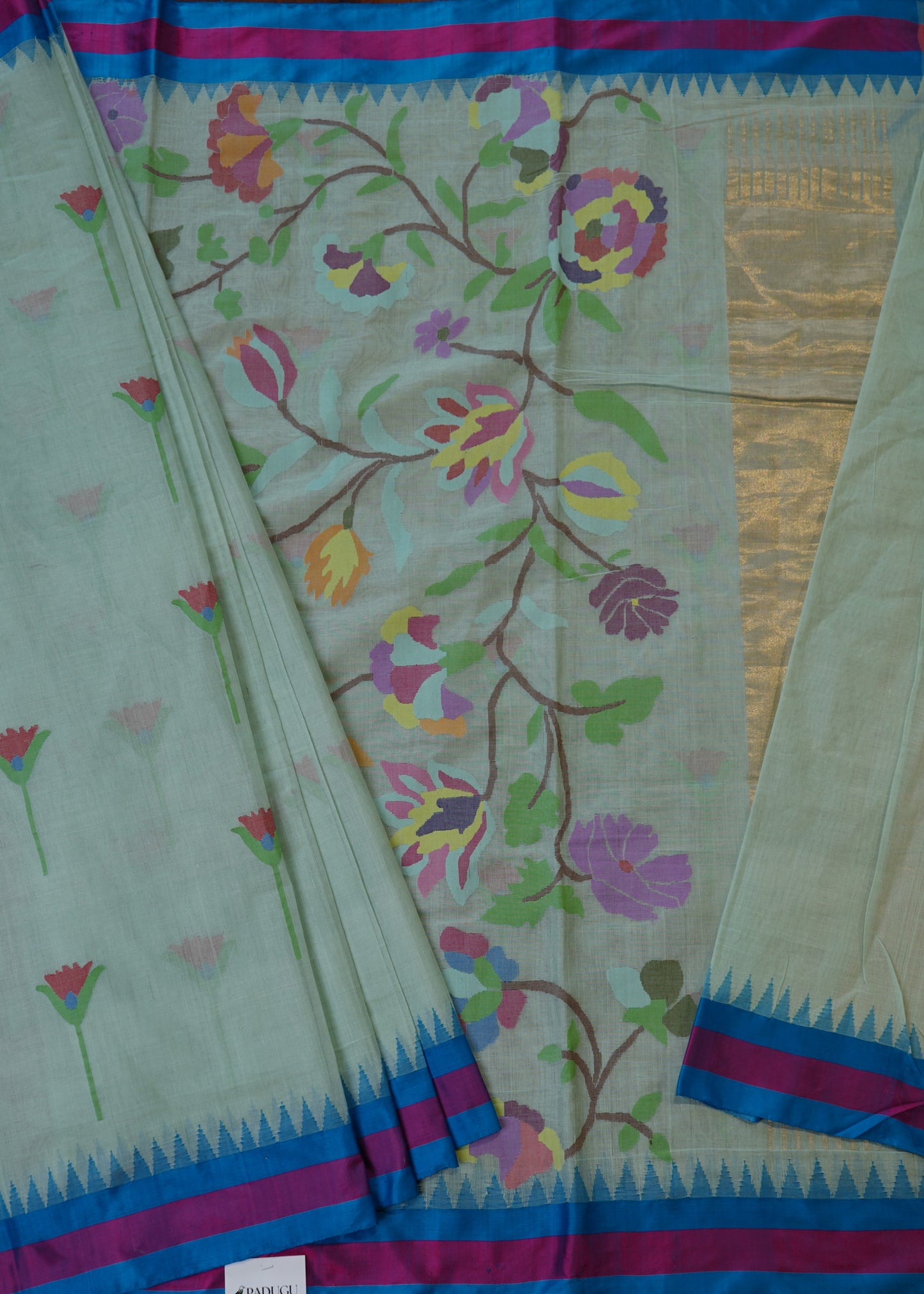 Sea Green Ponduru All over Jamdani Buti Pure Cotton Handloom Saree