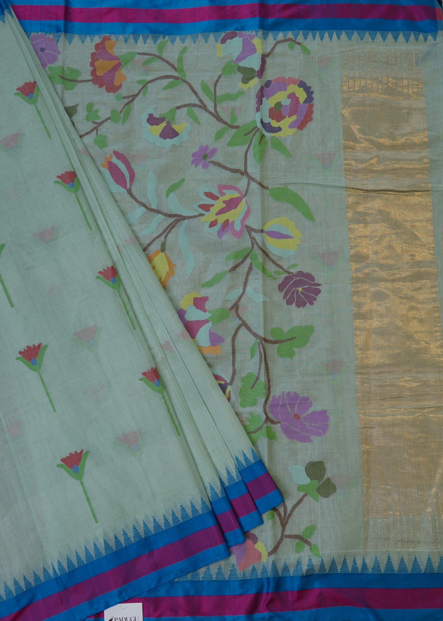 Sea Green Ponduru All over Jamdani Buti Pure Cotton Handloom Saree