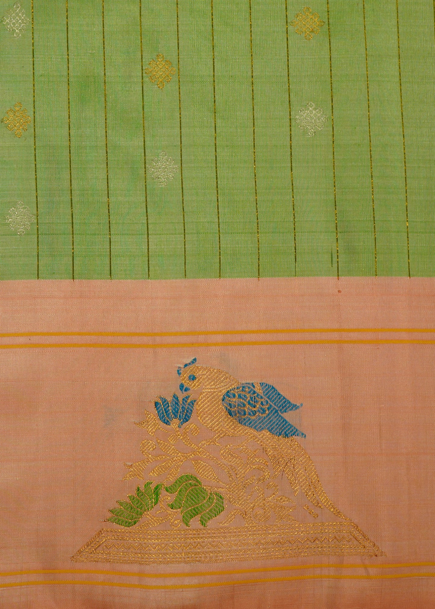 Light Green Gadwal Zari Buti Stripes Pure Silk Handloom Saree