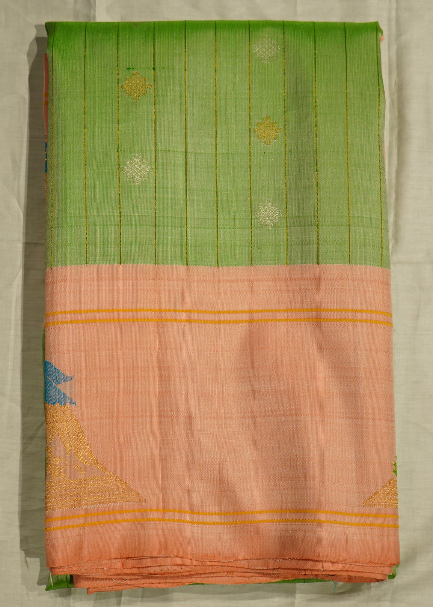 Light Green Gadwal Zari Buti Stripes Pure Silk Handloom Saree