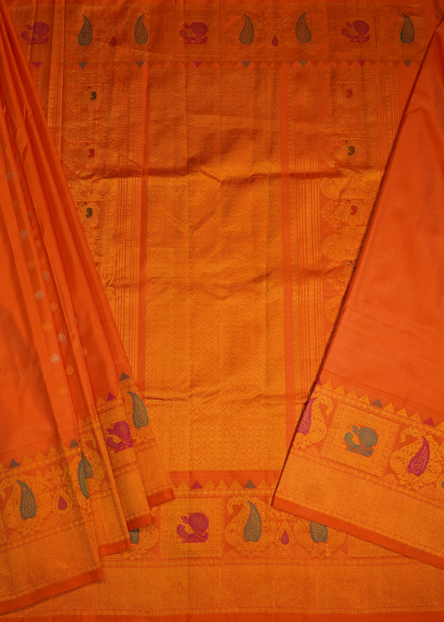 Orange Gadwal Zari Buti  Pure Silk Handloom Saree