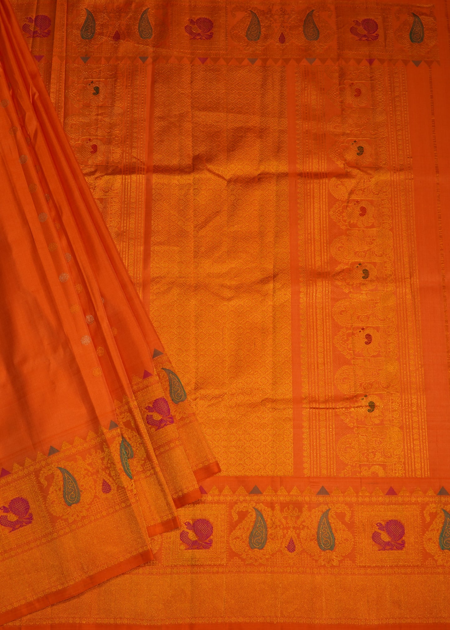 Orange Gadwal Zari Buti  Pure Silk Handloom Saree