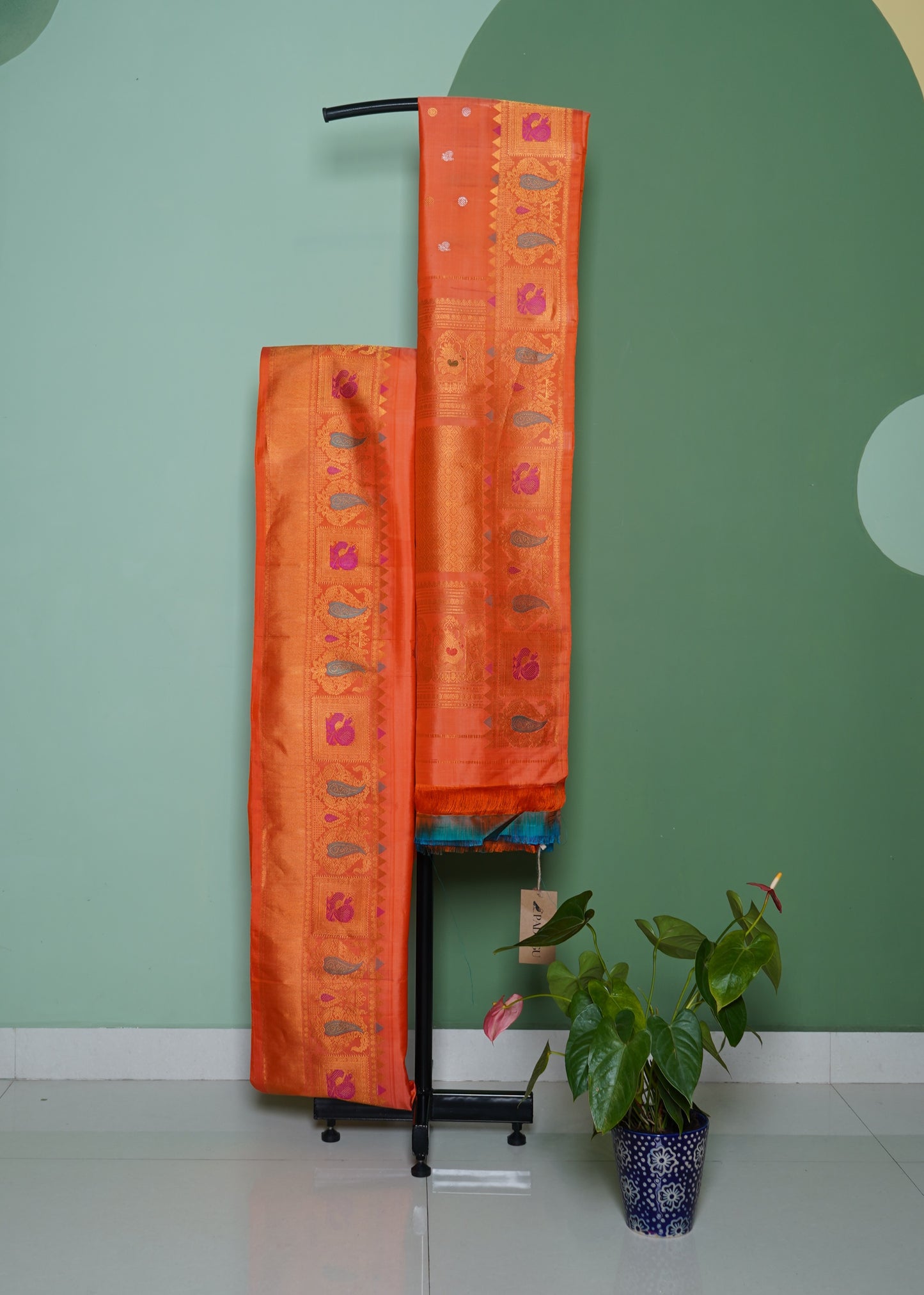 Orange Gadwal Zari Buti  Pure Silk Handloom Saree