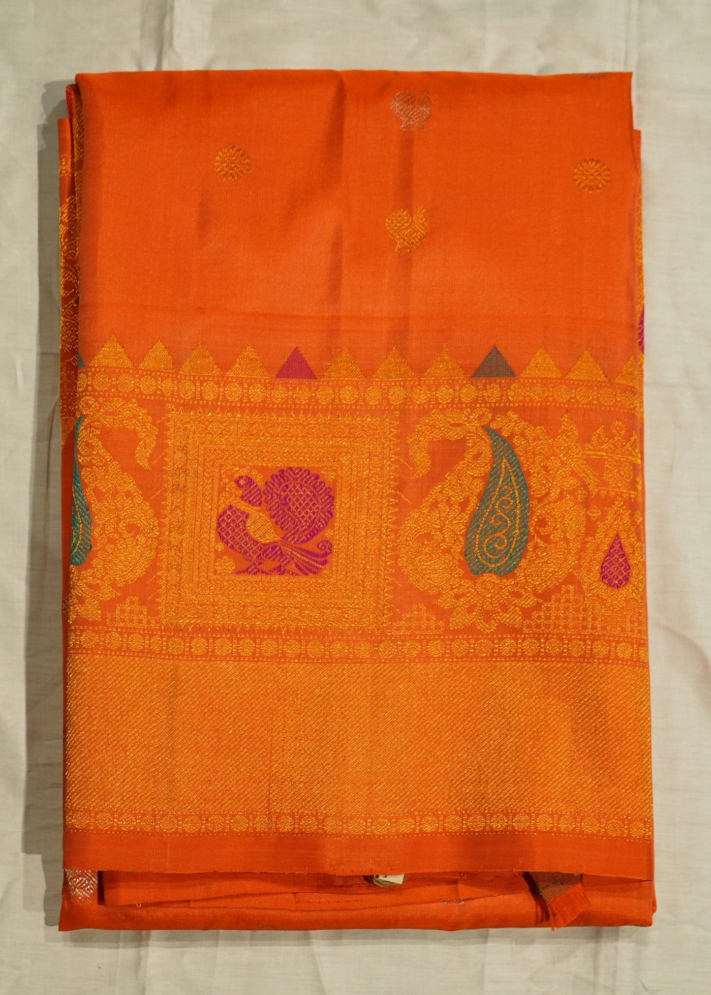 Orange Gadwal Zari Buti  Pure Silk Handloom Saree