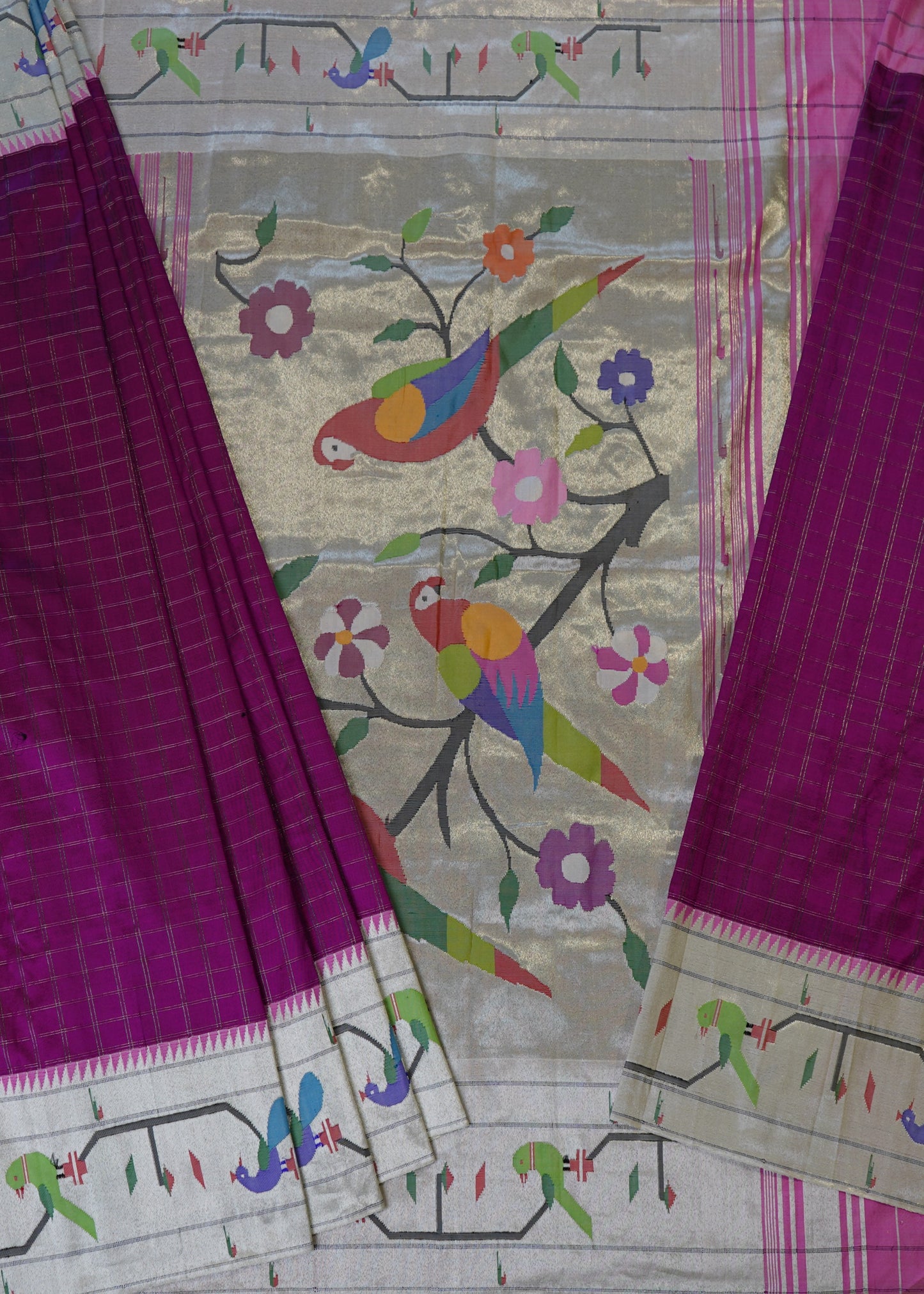 Violet Paithani Checks Pure Silk Handloom Saree