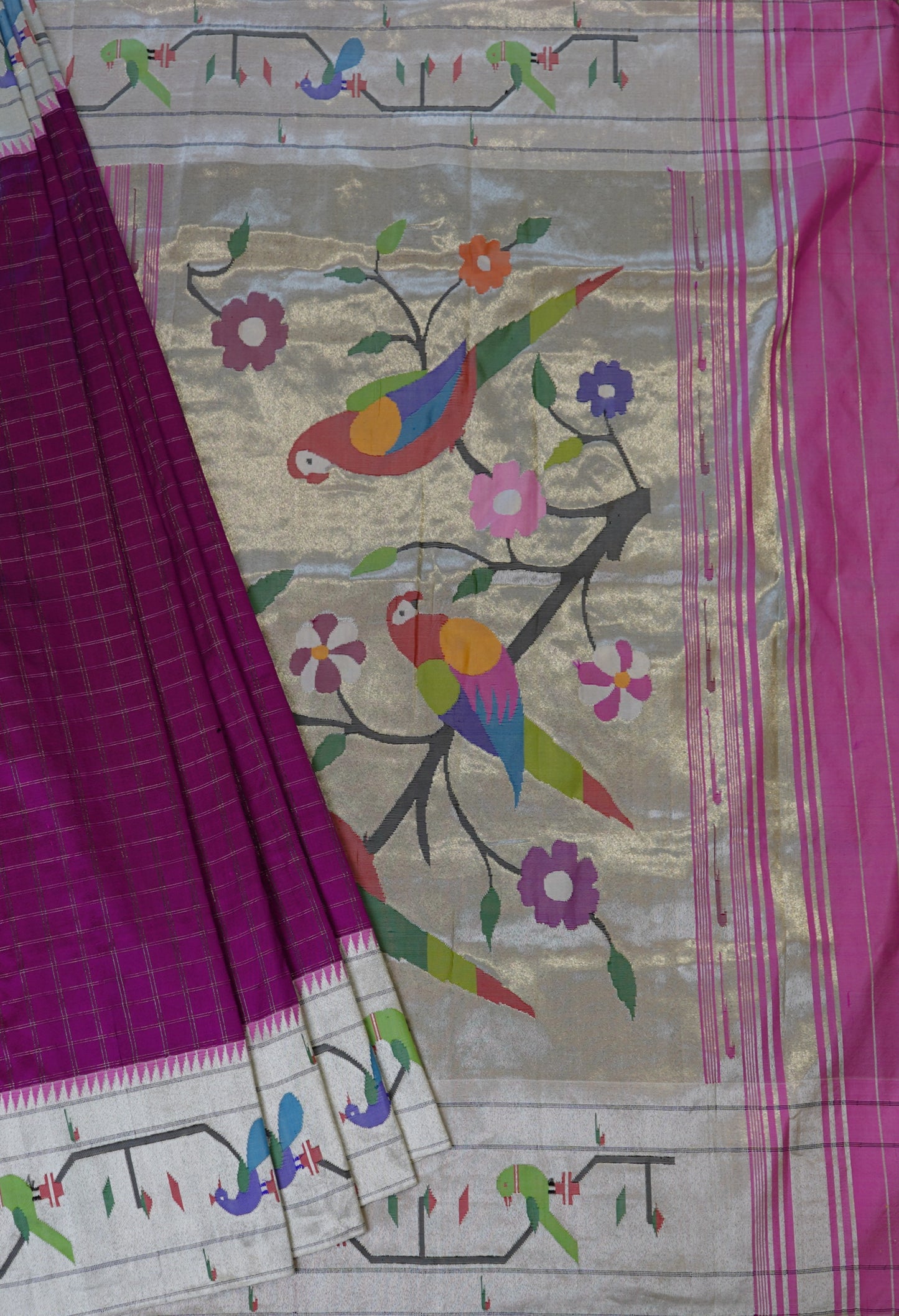 Violet Paithani Checks Pure Silk Handloom Saree