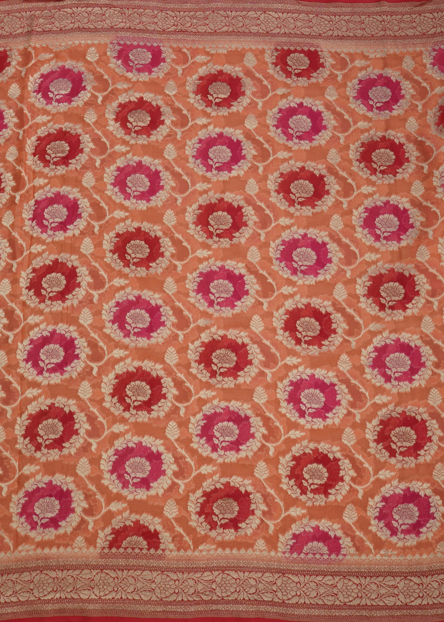 Pink Orange Banaras Georgette Rangkaat Pure Silk Handllom