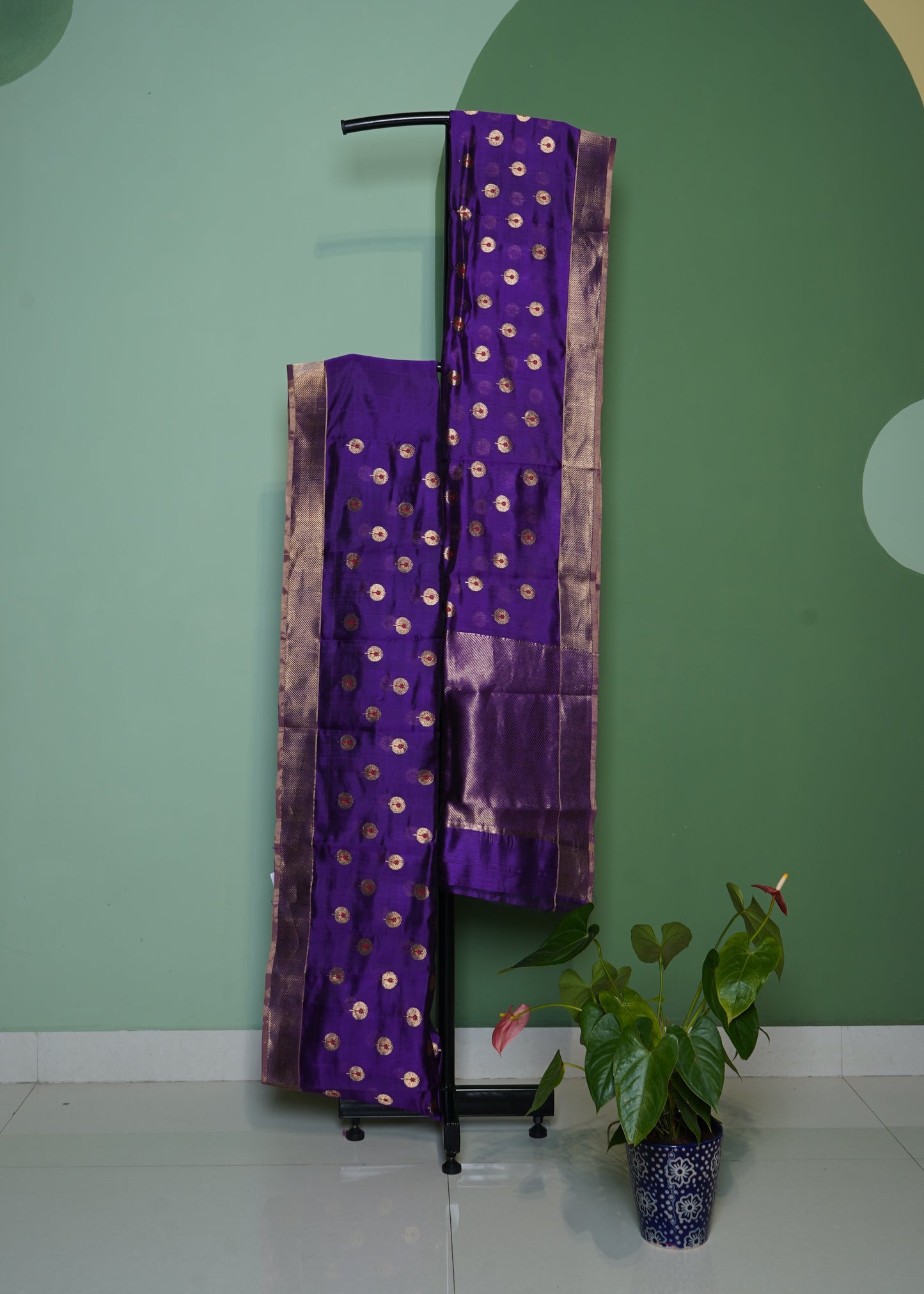 Dark voilet Chanderi Zari Buti Pure Silk Handloom Saree