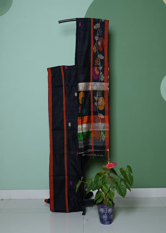 Black Bengal Tussar Gicha Thread Buti Handloom Saree