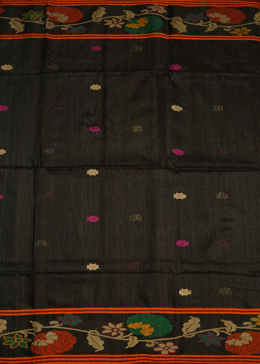 Black Bengal Tussar Gicha Thread Buti Handloom Saree