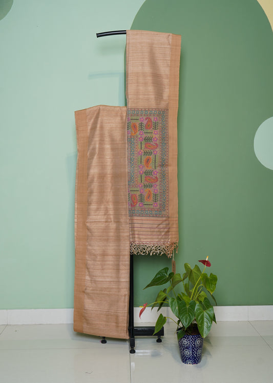 Light Brown Bengal Tussar Gicha Pure Silk Handloom Saree