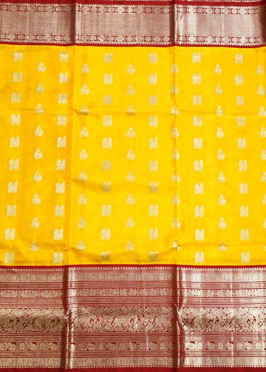 Yellow Venkatagiri Zari Buti Red Zari Border Pure Silk Handloom Saree