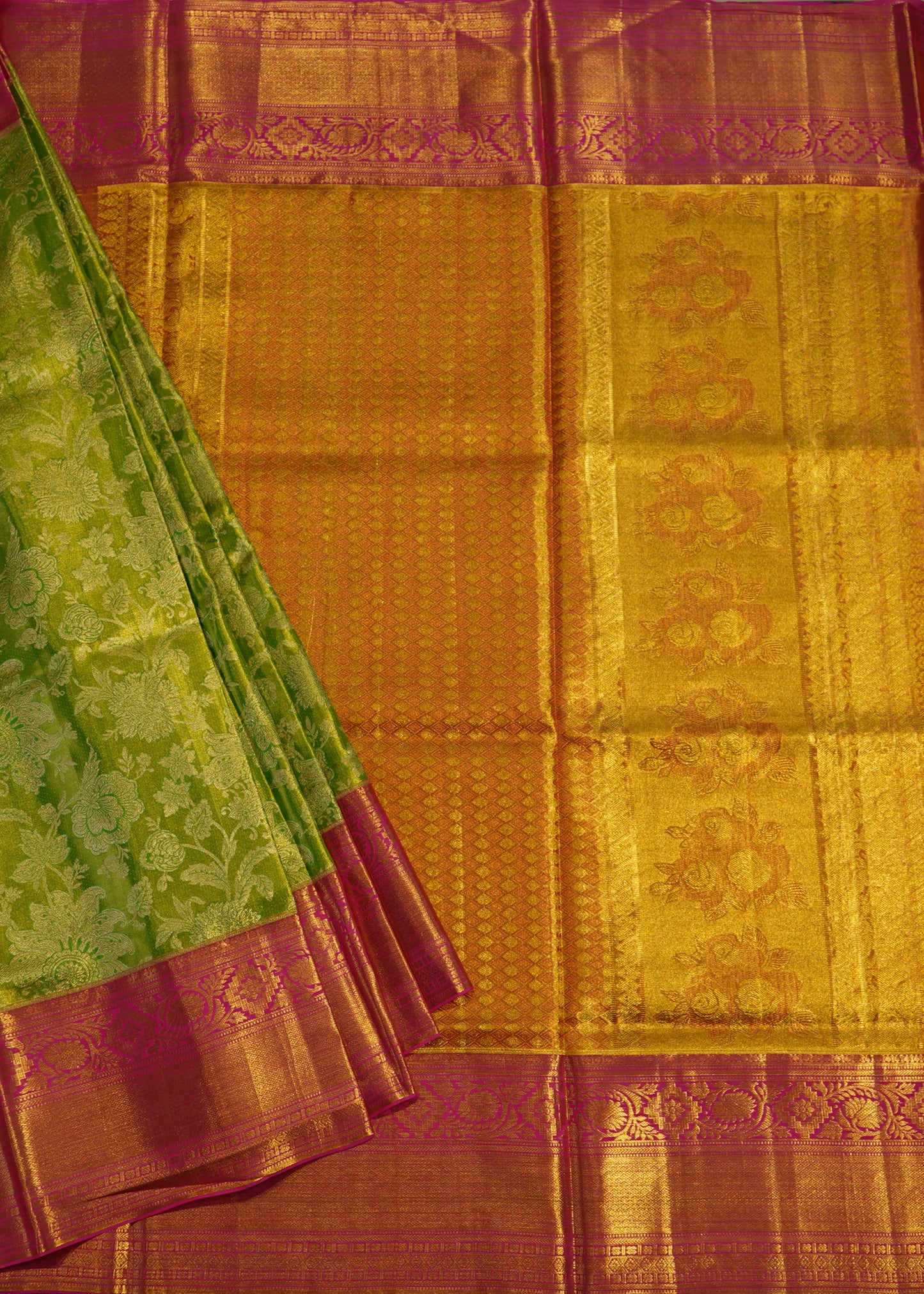 Parrot Green Kanchi All over Tissue Pure Silk Handloom Saree