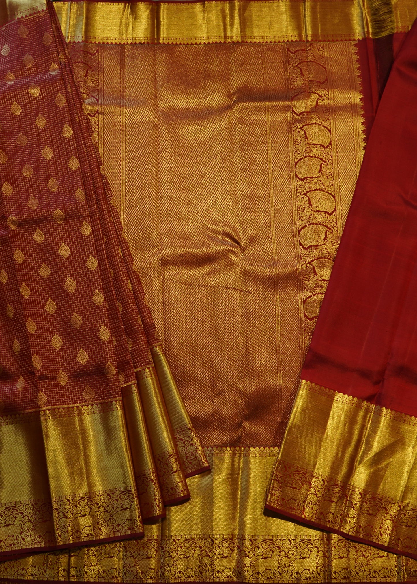 Red Kanchi Checks Zari Buti Pure Silk Handloom Saree