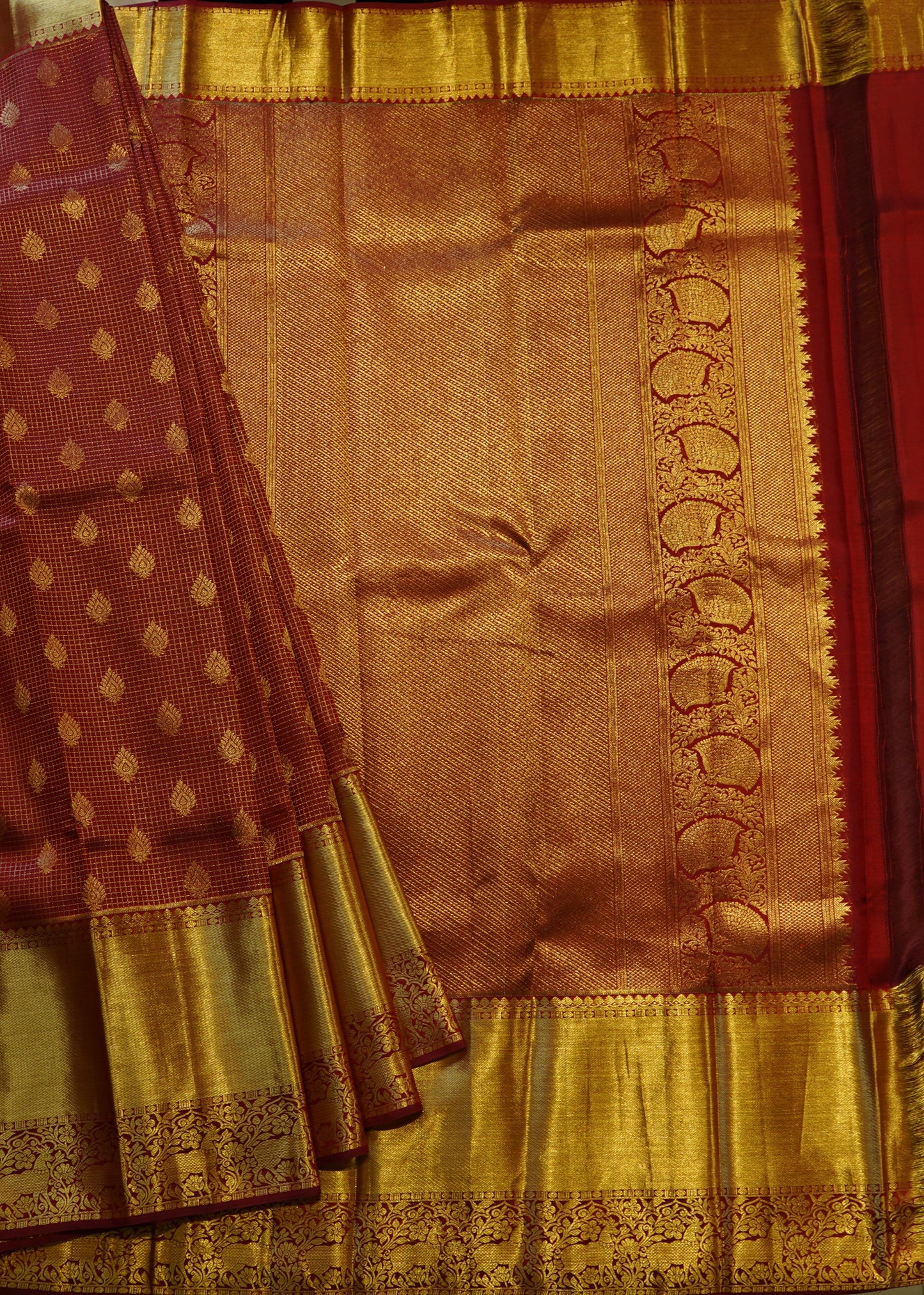 Red Kanchi Checks Zari Buti Pure Silk Handloom Saree