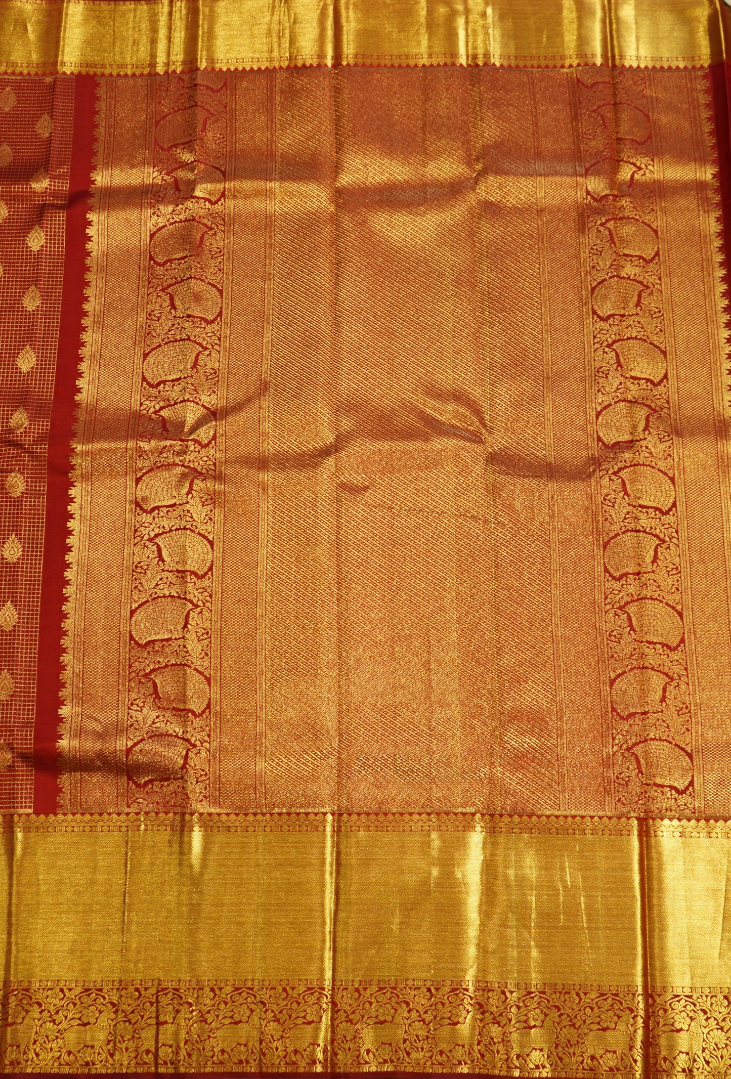 Red Kanchi Checks Zari Buti Pure Silk Handloom Saree