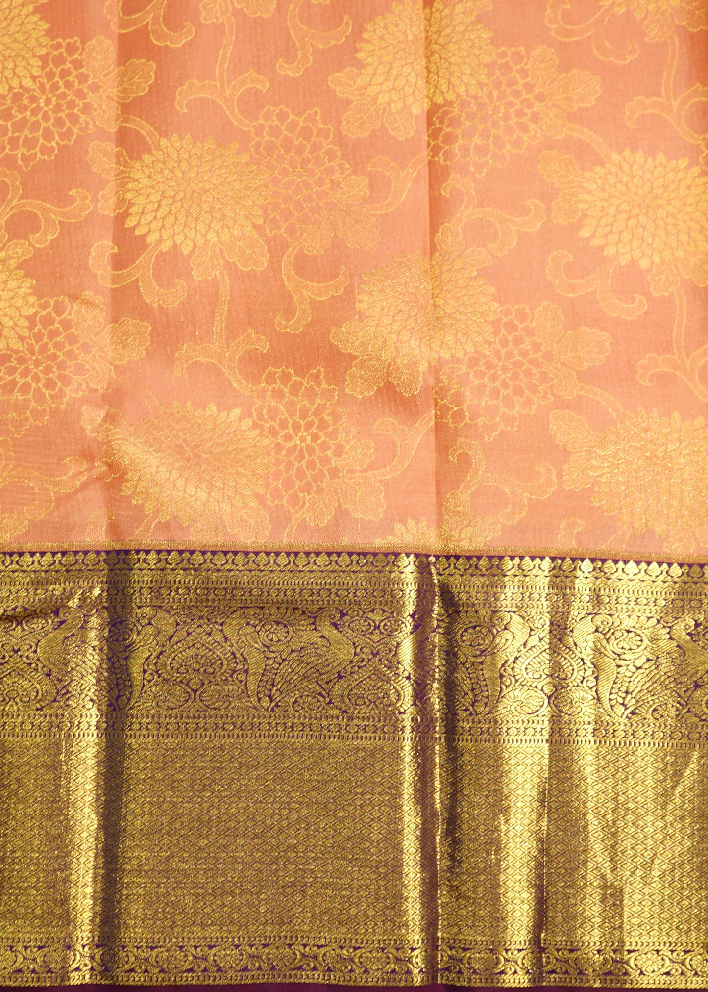 Apricot Kanchi All Over Zari Big Zari Border Pure Silk Handoom Saree