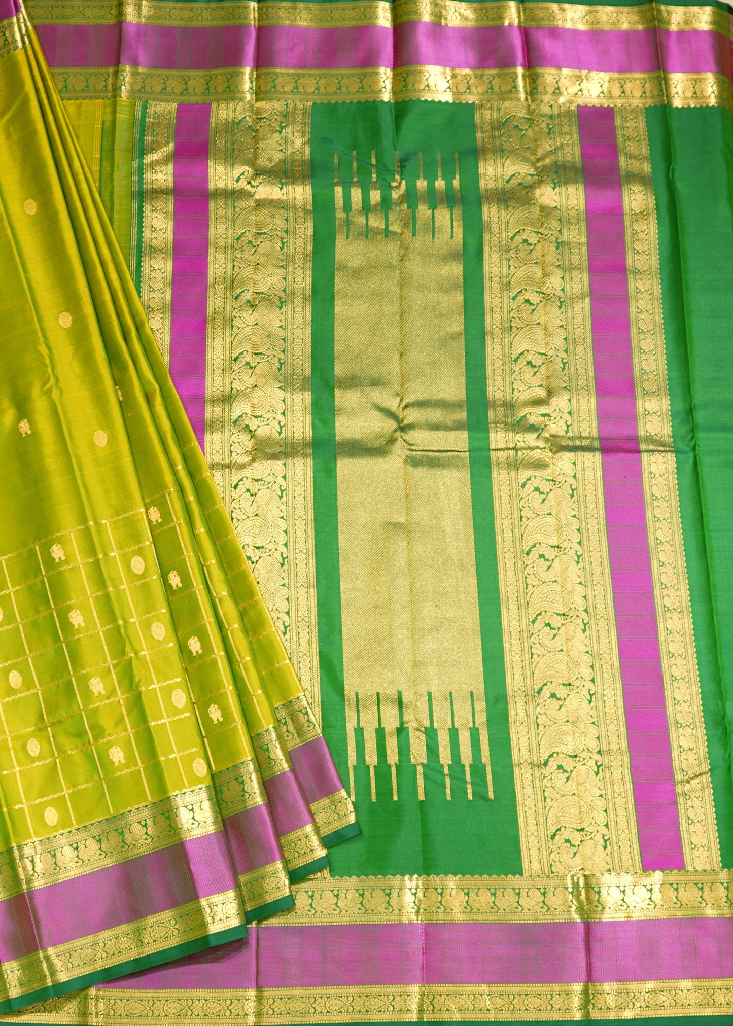 Green Kanchi Checks All over Zari Buti Pure Silk Handloom Saree