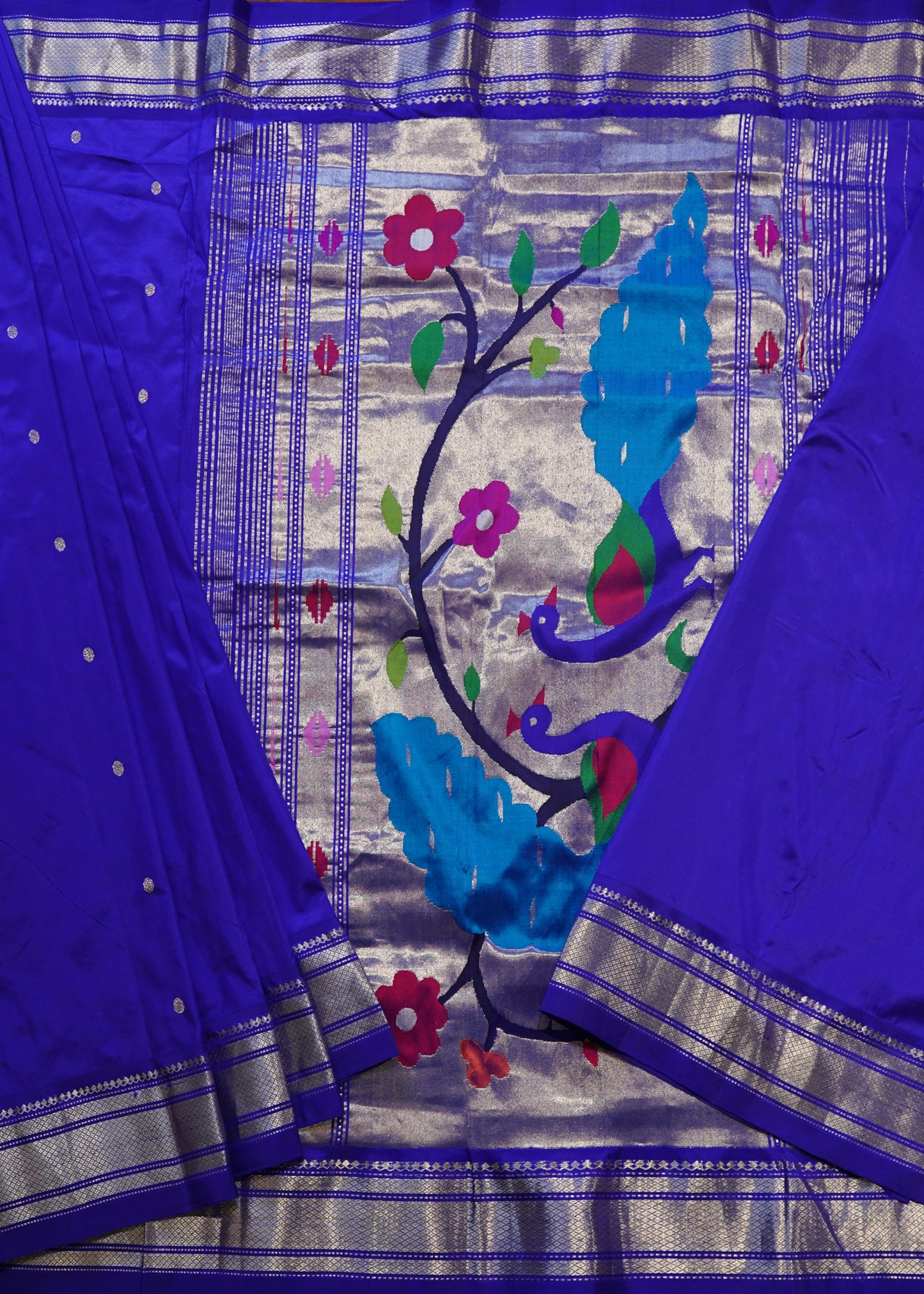 Blue Paithani Zari Buti  Narali Border Pure Silk Handloom Saree