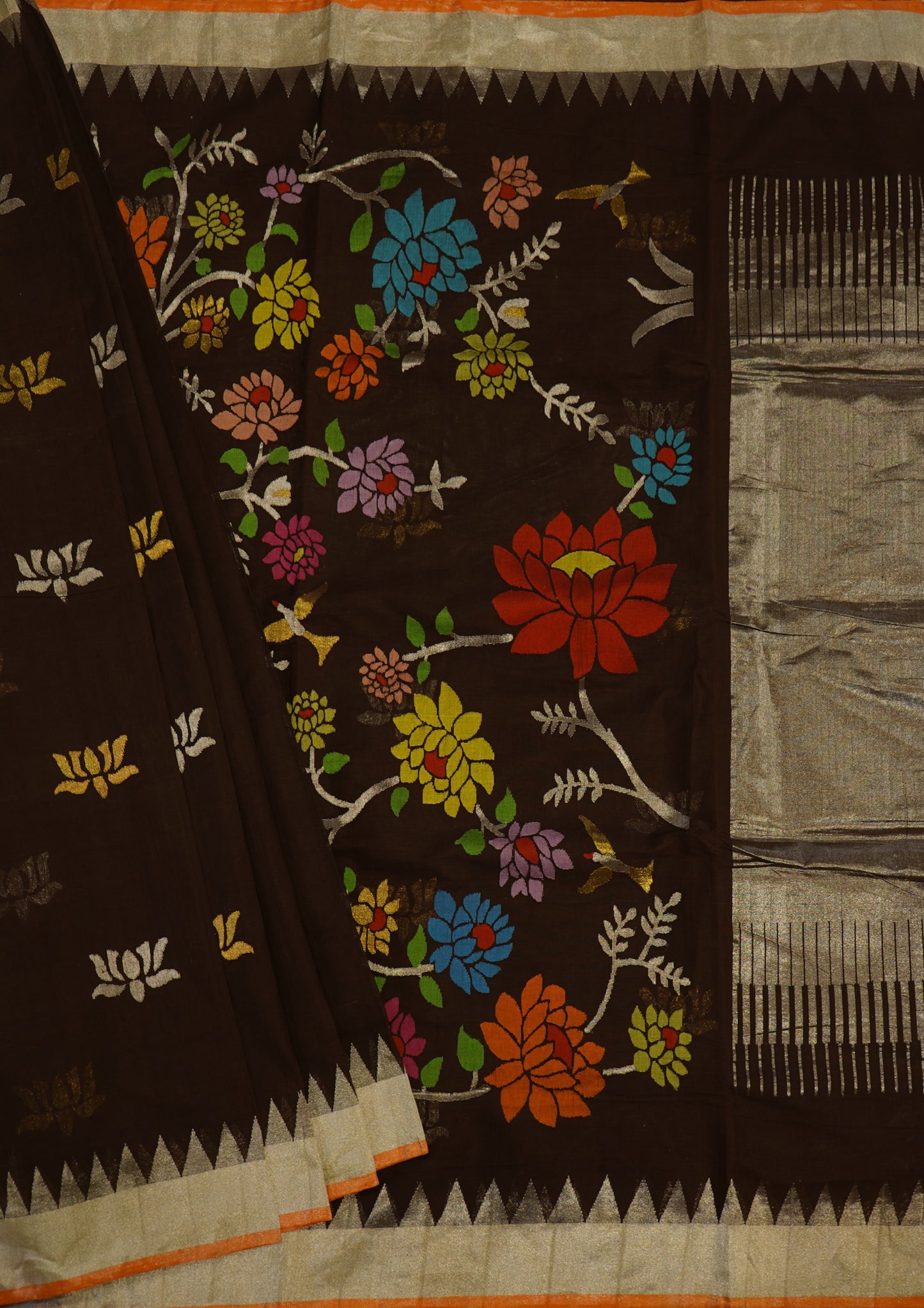 Coffee Brown Ponduru Pallu Jamdani Pure Cotton Handloom Saree