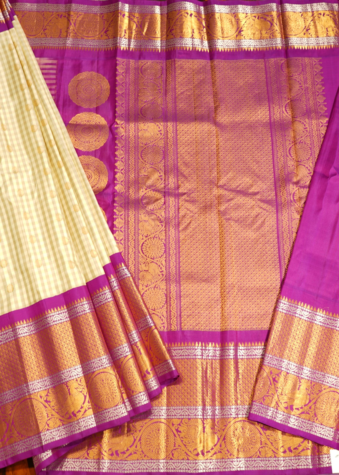 Cream Gadwal Missing Checks Zari Buti Big Purple Zari Border Pure Silk Handloom Saree