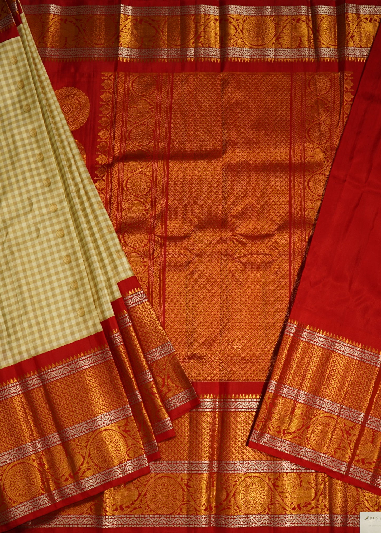 Cream Gadwal Missing Checks  Pure Silk Handloom Saree