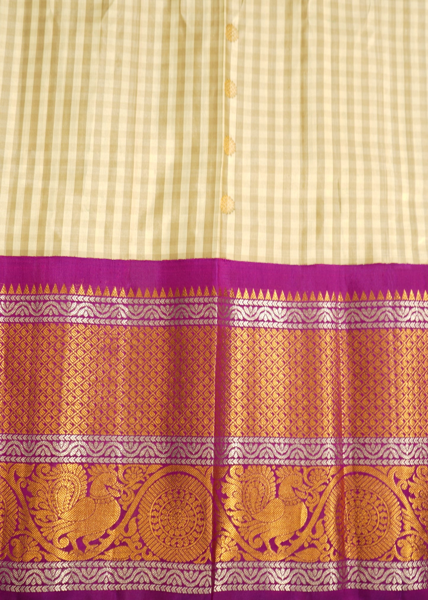 Cream Gadwal Missing Checks Zari Buti Big Purple Zari Border Pure Silk Handloom Saree