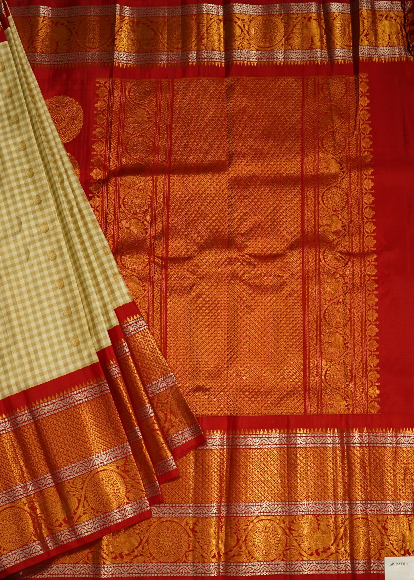 Cream Gadwal Missing Checks  Pure Silk Handloom Saree