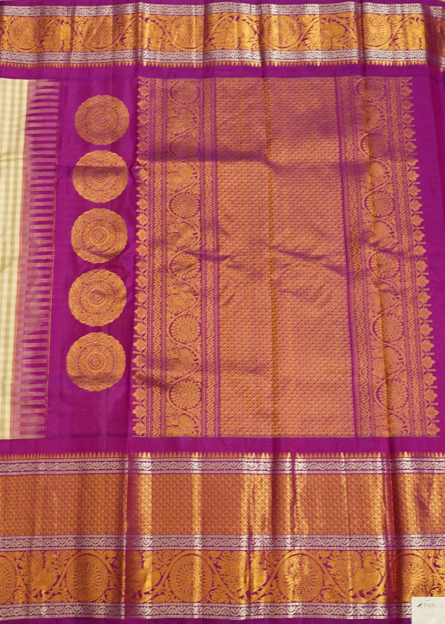 Cream Gadwal Missing Checks Zari Buti Big Purple Zari Border Pure Silk Handloom Saree