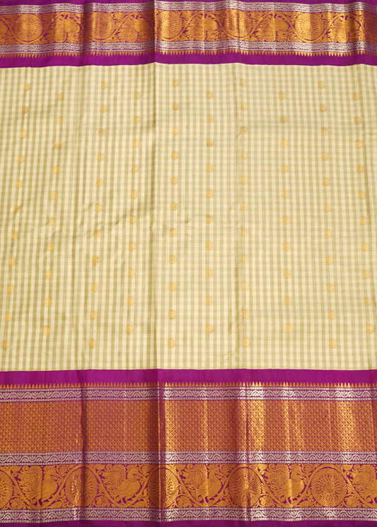 Cream Gadwal Missing Checks Zari Buti Big Purple Zari Border Pure Silk Handloom Saree