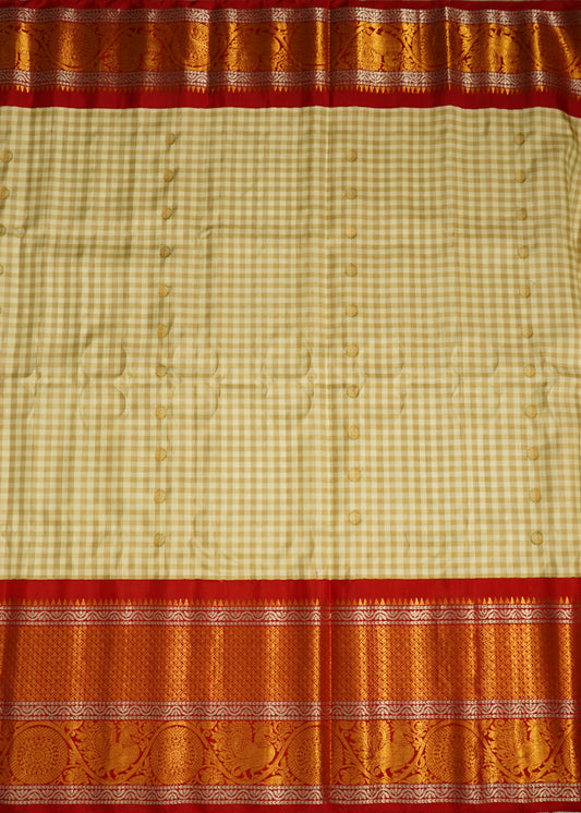 Cream Gadwal Missing Checks  Pure Silk Handloom Saree