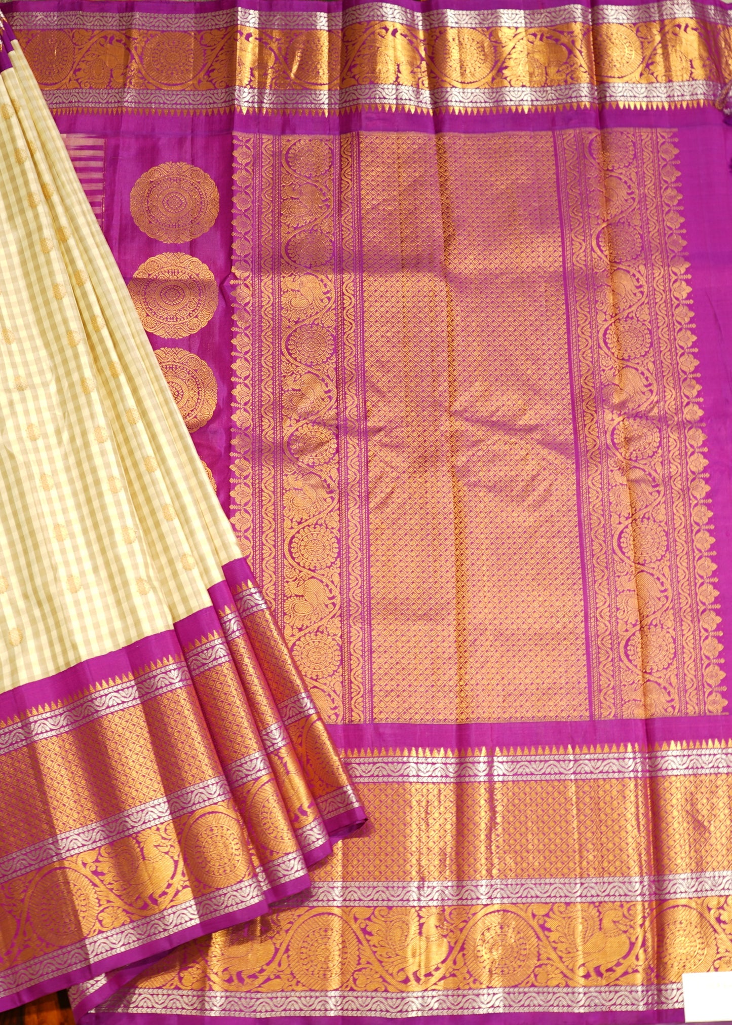 Cream Gadwal Missing Checks Zari Buti Big Purple Zari Border Pure Silk Handloom Saree