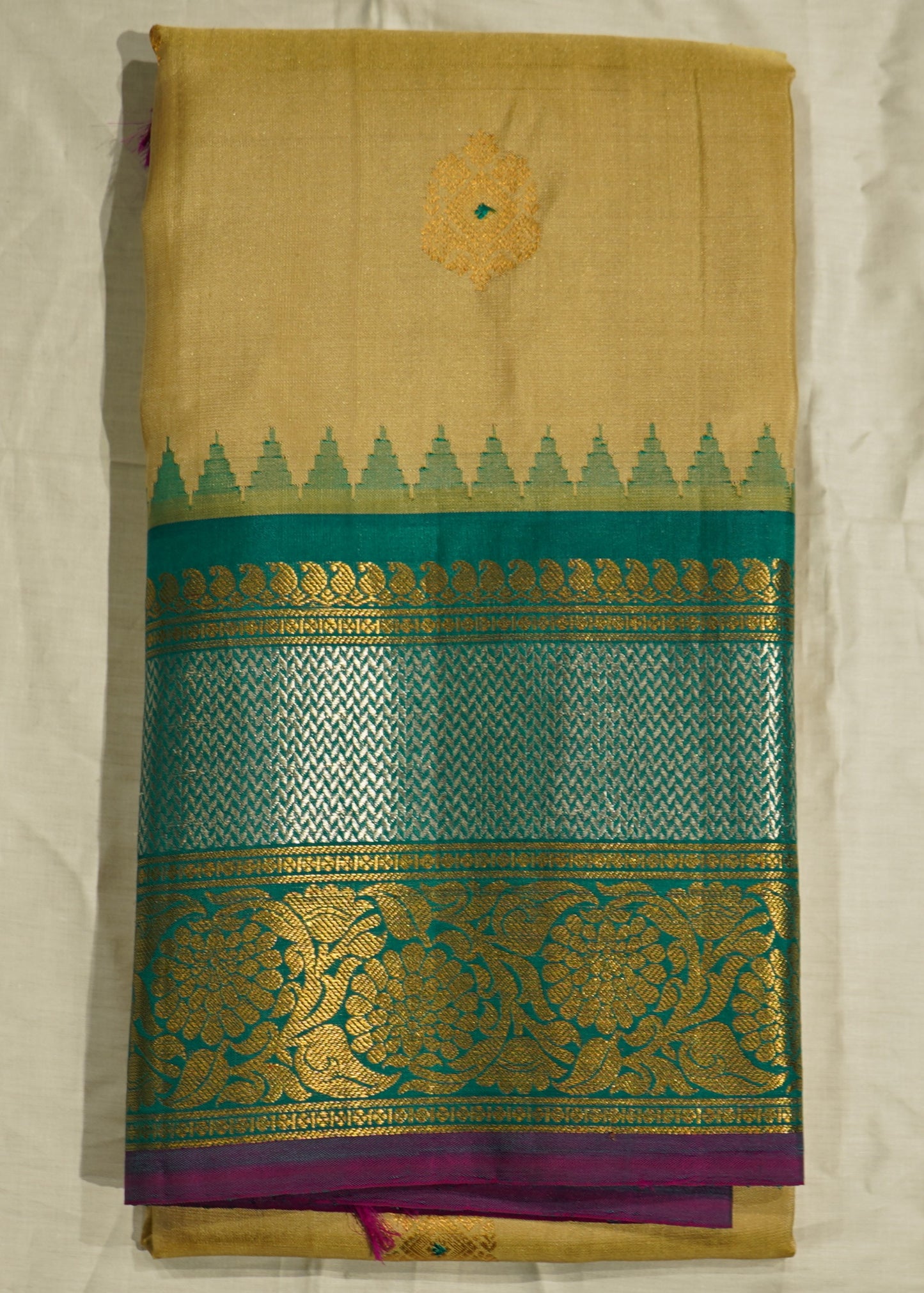 Light Brown Gadwal Big Zari Buti  Pure Silk Handloom Saree