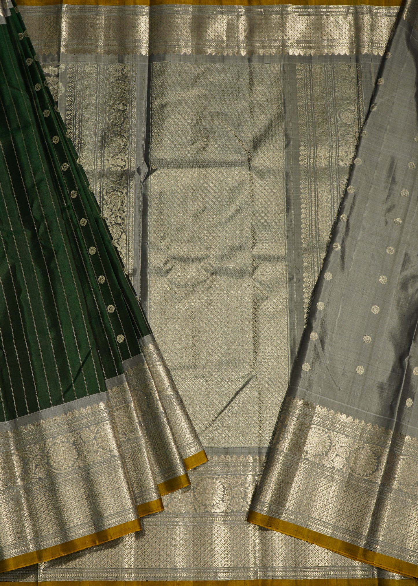 Bottle Green Gadwal Strips Buti Pure Silk Handloom Saree