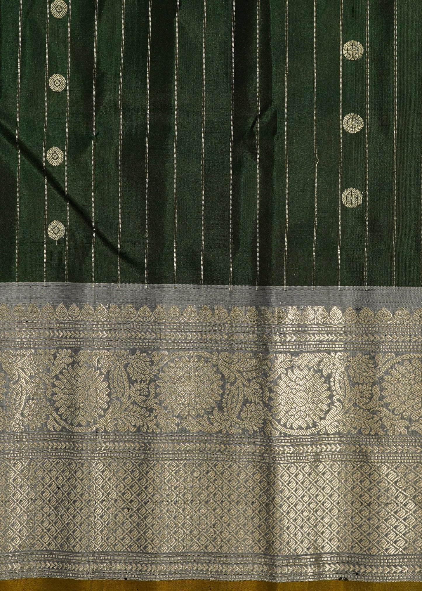 Bottle Green Gadwal Strips Buti Pure Silk Handloom Saree