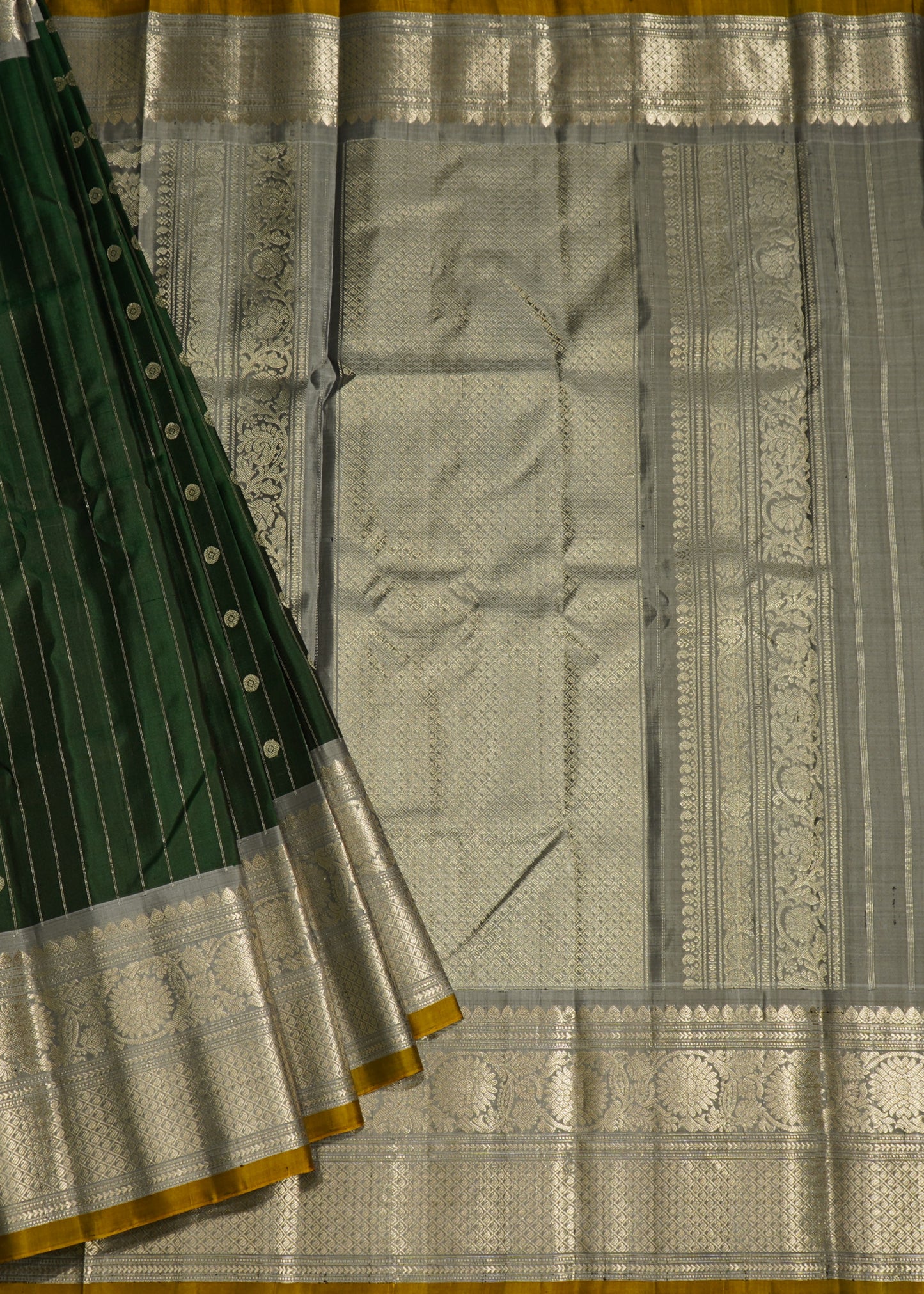 Bottle Green Gadwal Strips Buti Pure Silk Handloom Saree