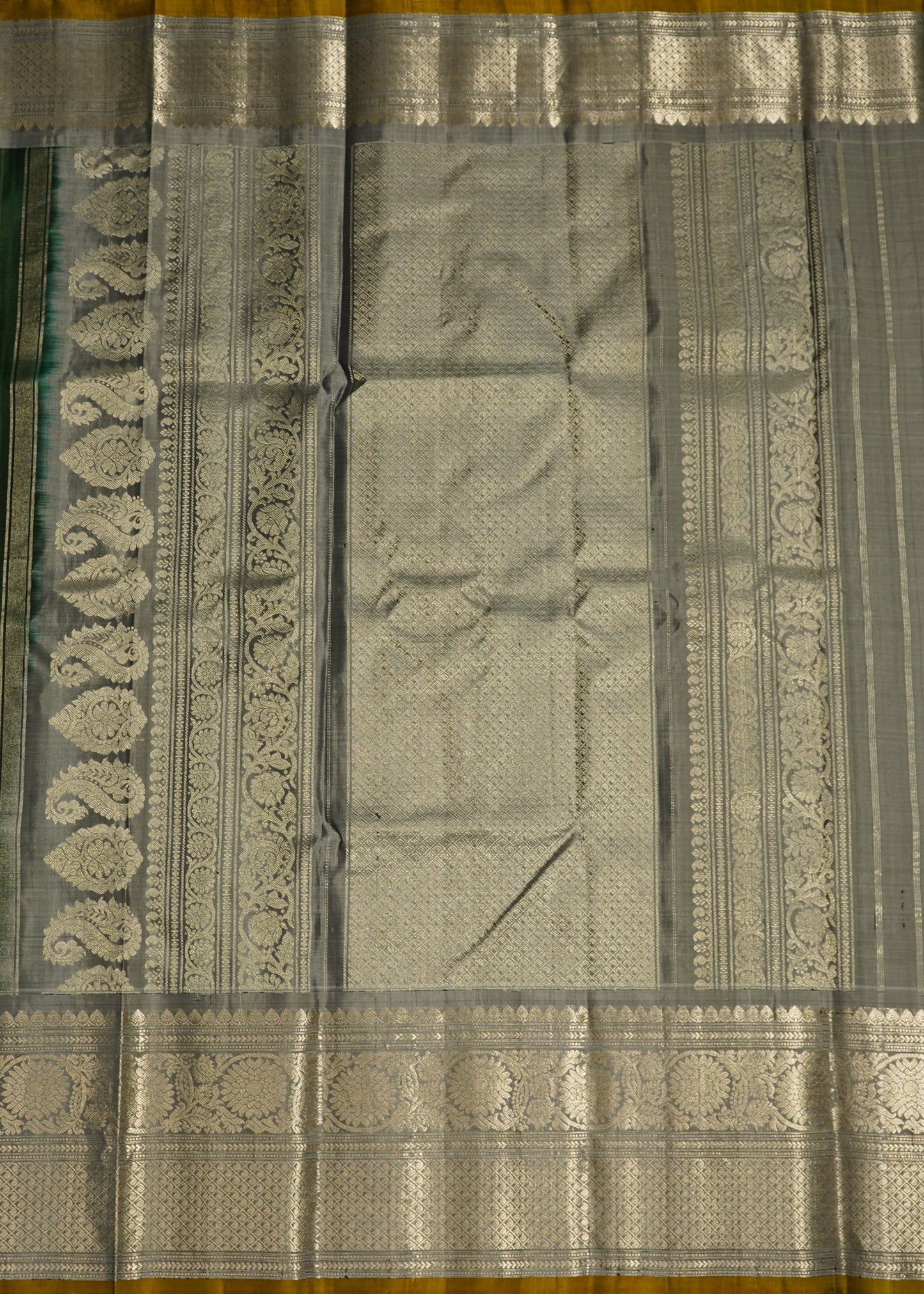 Bottle Green Gadwal Strips Buti Pure Silk Handloom Saree