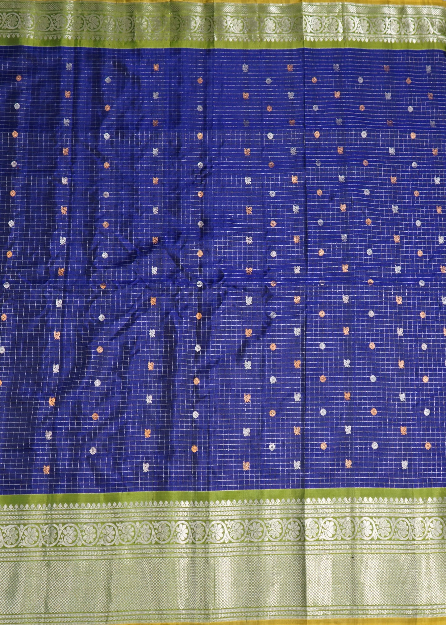 Blue Gadwal All Over Zari Checks Zari Buti Big Zari Border Pure Silk Handloom Saree