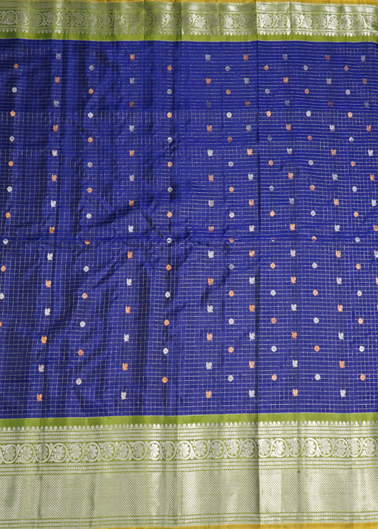 Blue Gadwal All Over Zari Checks Zari Buti Big Zari Border Pure Silk Handloom Saree