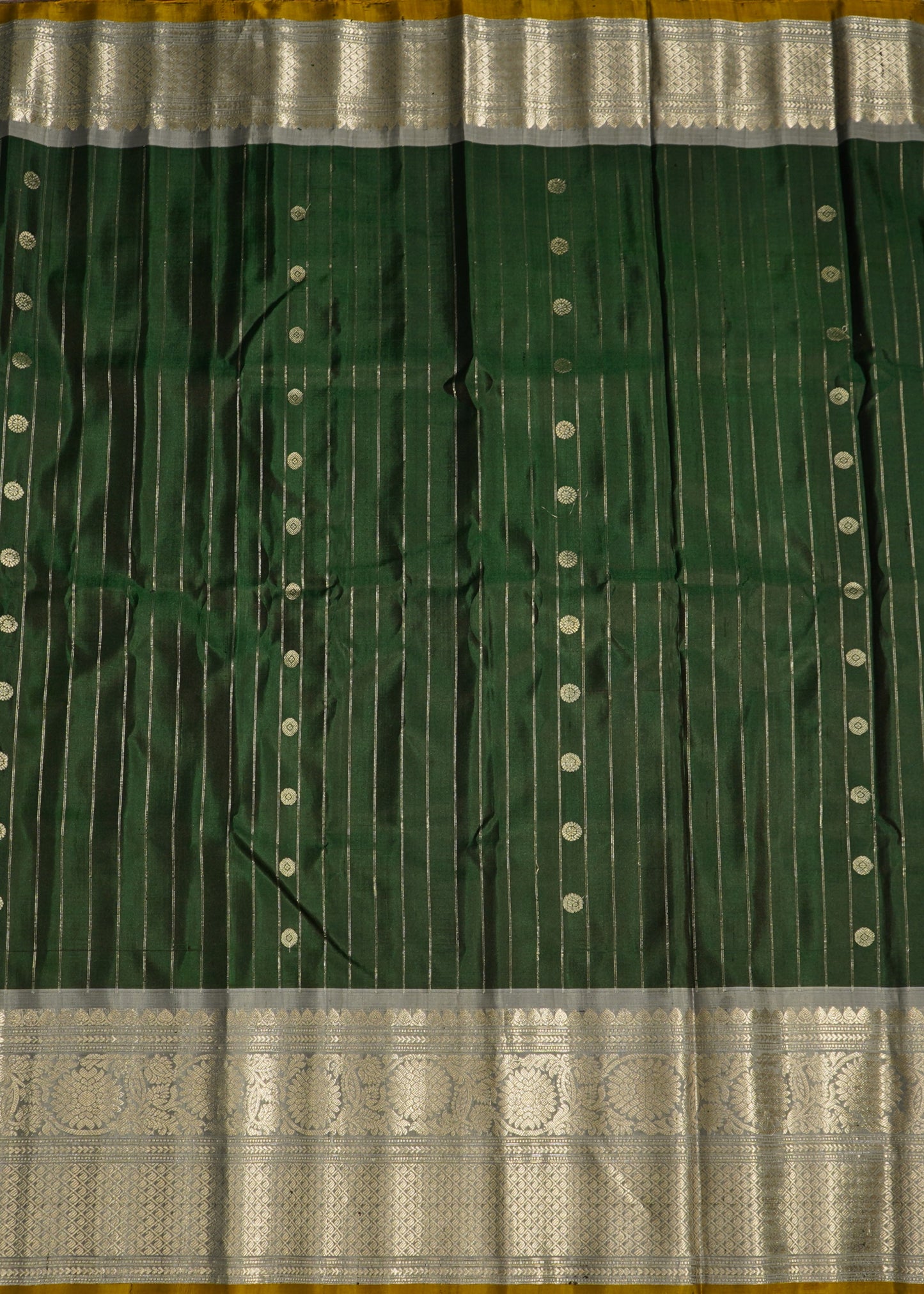 Bottle Green Gadwal Strips Buti Pure Silk Handloom Saree