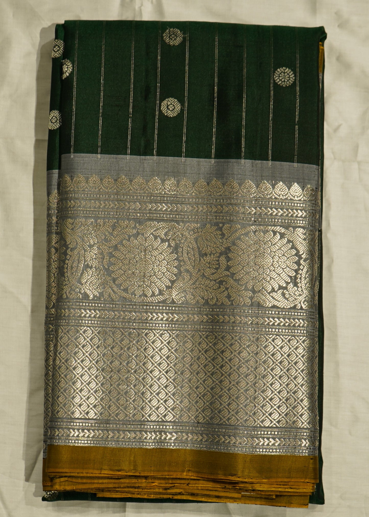 Bottle Green Gadwal Strips Buti Pure Silk Handloom Saree