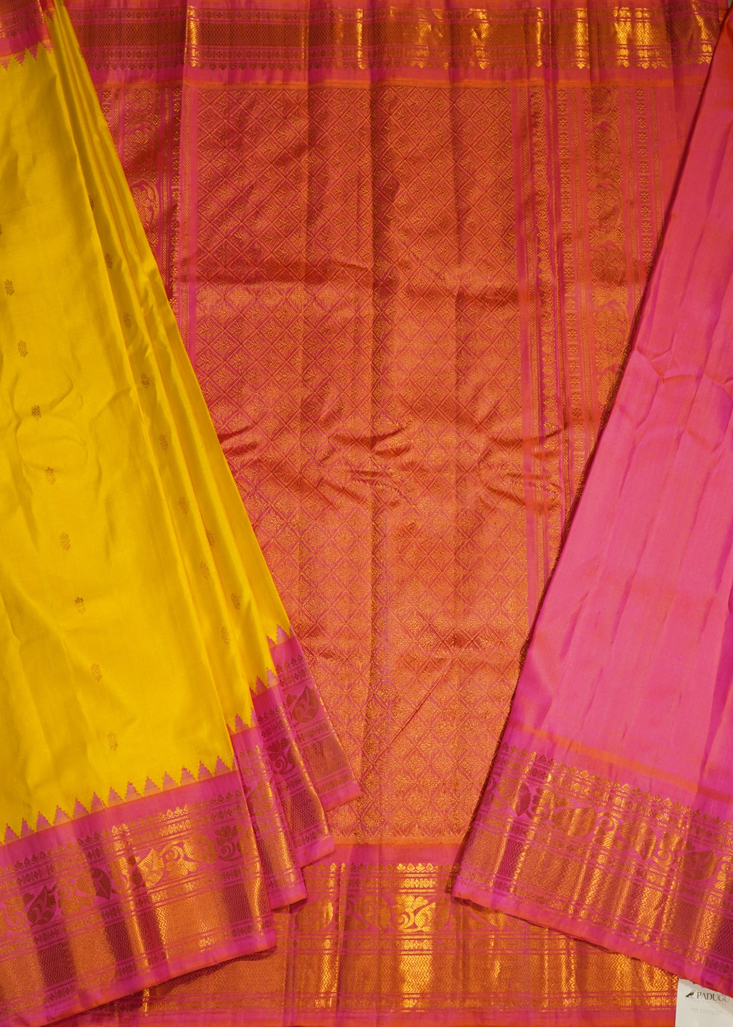 Yellow Gadwal Zari Buti Pure Silk Handloom Saree