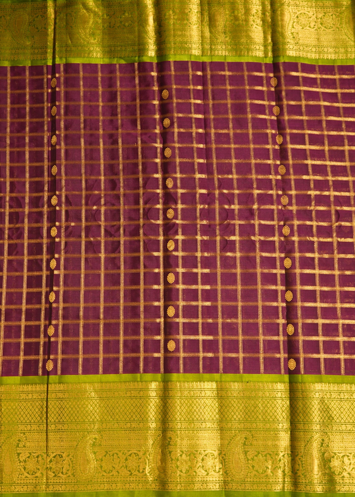 Wine Gadwal All Over Checks Zari Buti Big Zari Border Pure Silk Handloom Saree