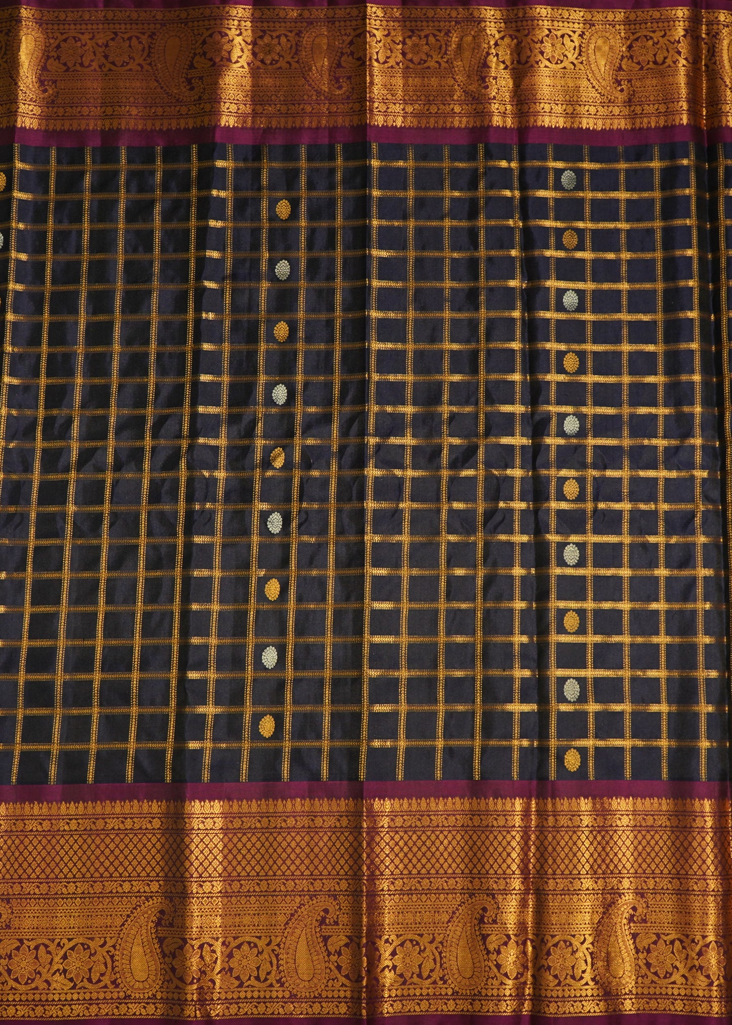 Navy Blue Gadwal All over Zari Checks Pure Silk Handloom Saree