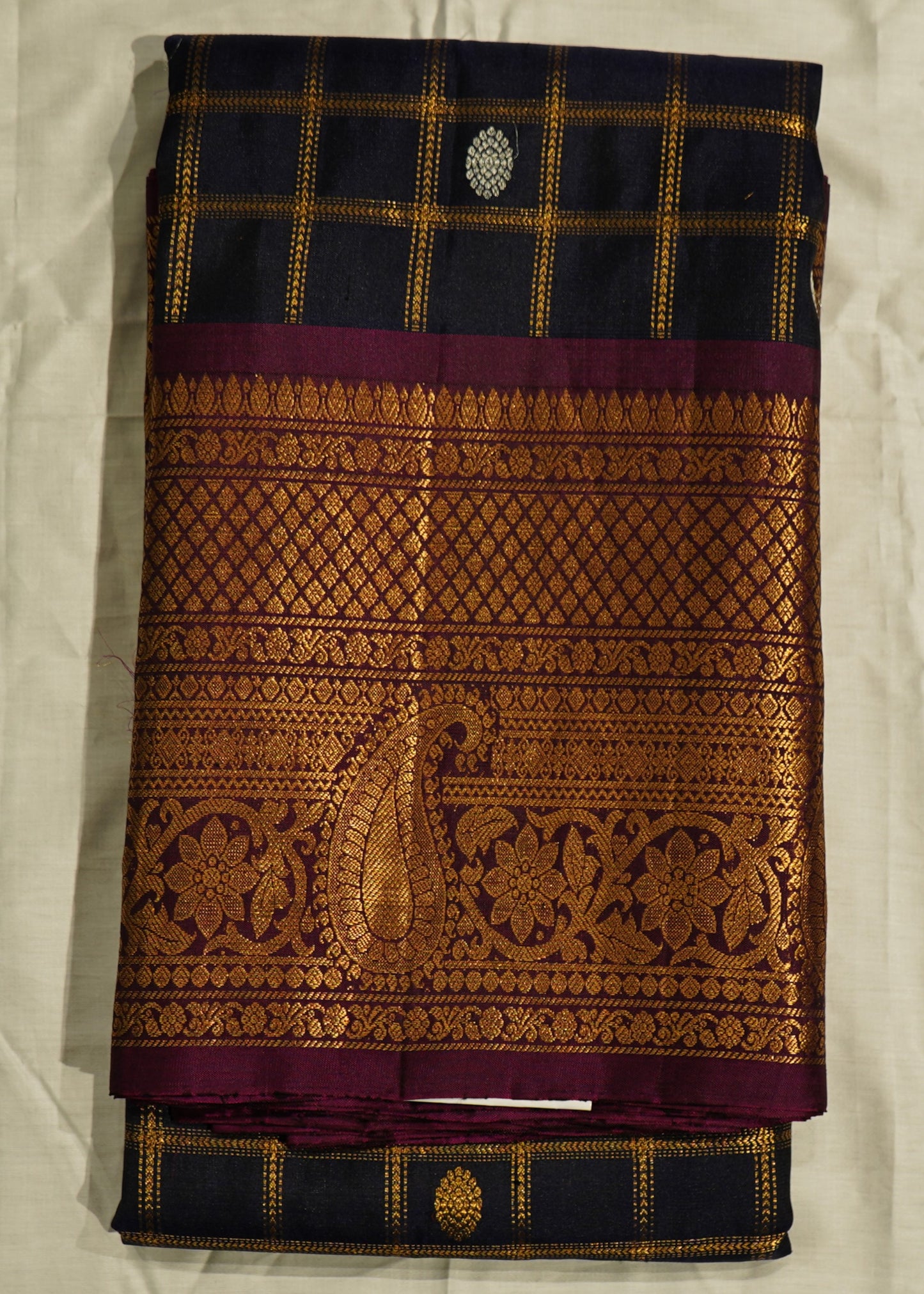 Navy Blue Gadwal All over Zari Checks Pure Silk Handloom Saree