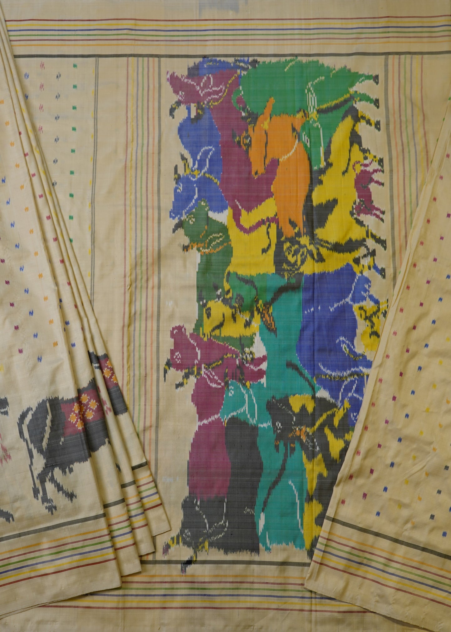 Cream Pochampally Ikkat All Over Butti Pure Silk Handloom Saree