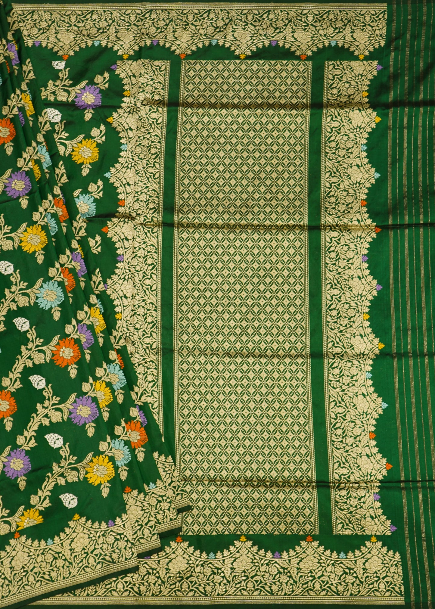 Green Banaras Kanta Kadwa Jagla Zari Meenakari Buti Pure Silk Handoom Saree